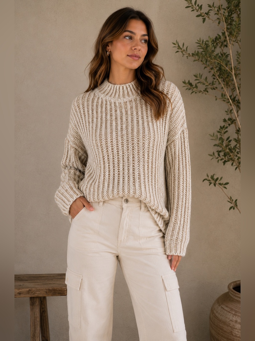 POL Beige and Ivory Chunky Mock Turtleneck Wool Blend Sweater Size Small